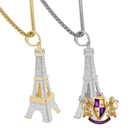 Men's Real Genuine Diamond 0.80 Cwt. 10K Gold Over Paris Eiffel Tower Pendent Charm Chain Set