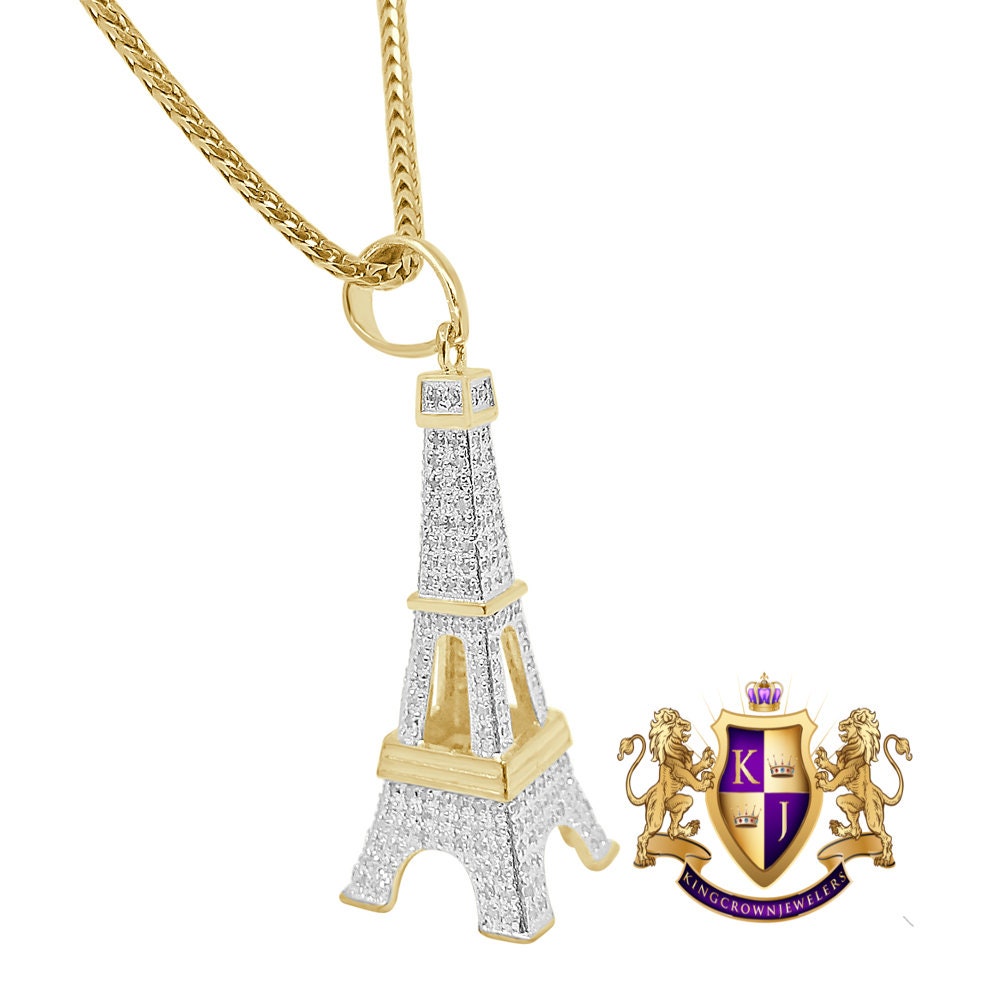 Men's Real Genuine Diamond 0.80 Cwt. 10K Gold Over Paris Eiffel Tower Pendent Charm Chain Set