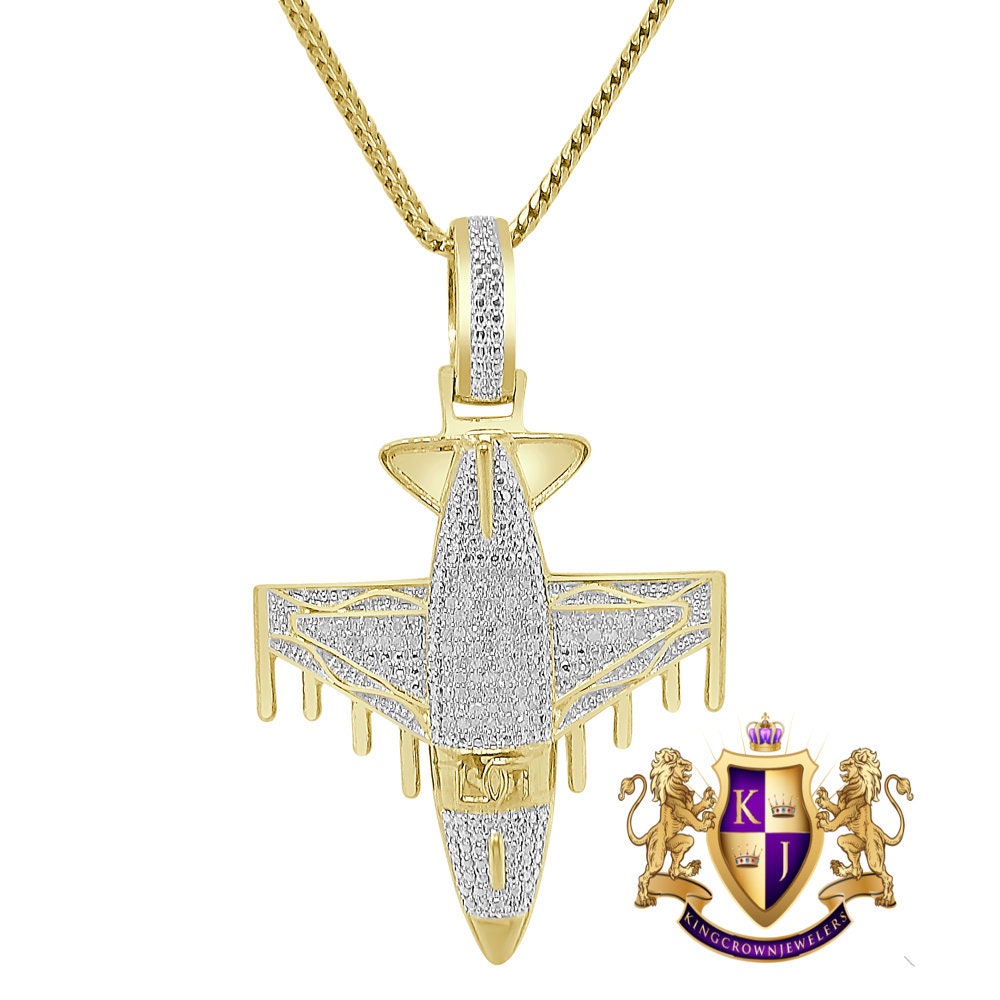 Men's Real Genuine Authentic Diamond 0.33 Cwt. 10K Solid Gold Over Airplane Jet Exclusive Custom Piece Pendant Charm Chain Set 15+ Grams