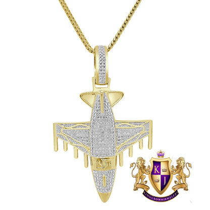 Men's Real Genuine Authentic Diamond 0.33 Cwt. 10K Solid Gold Over Airplane Jet Exclusive Custom Piece Pendant Charm Chain Set 15+ Grams