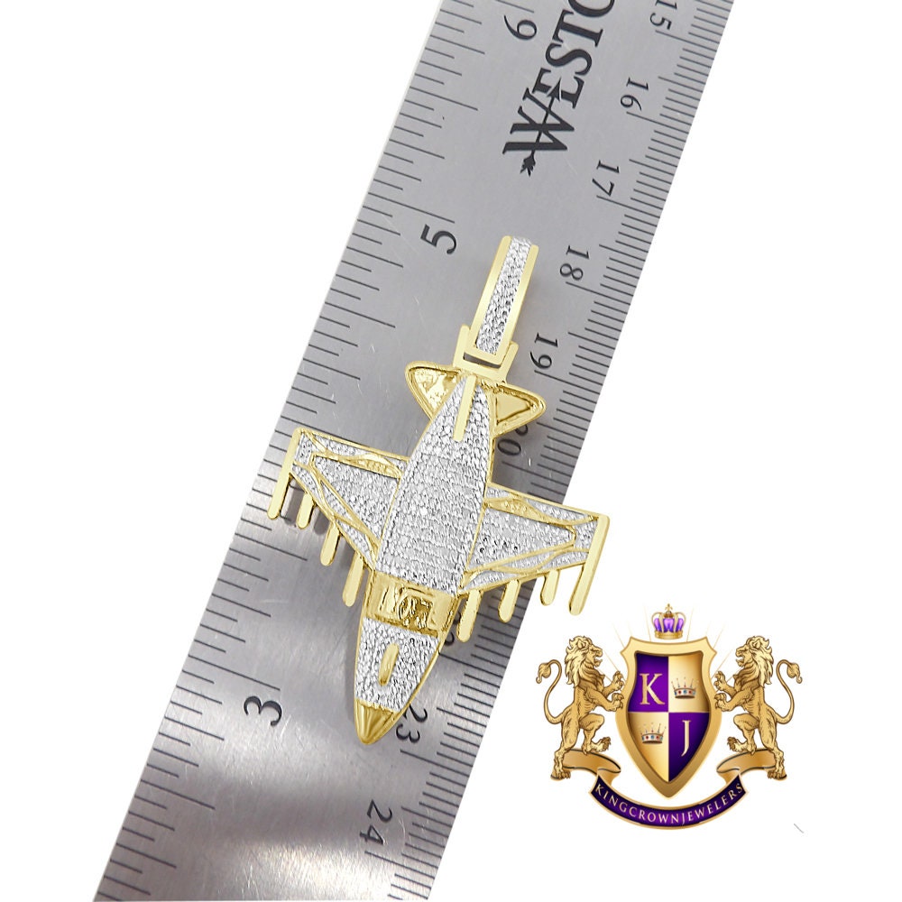 Men's Real Genuine Authentic Diamond 0.33 Cwt. 10K Solid Gold Over Airplane Jet Exclusive Custom Piece Pendant Charm Chain Set 15+ Grams