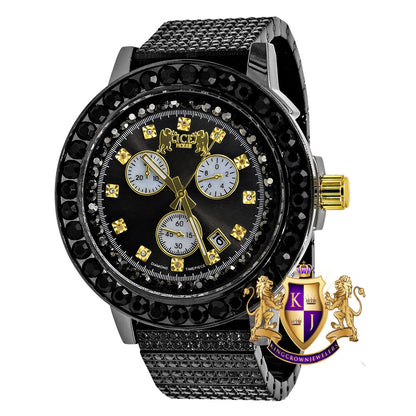Full Solid Stainless Steel Lemonade 18K Black Gold Finish Simulated Diamond 5 ATM Water Resistant Men's Watch With Date Function Big 54 MM