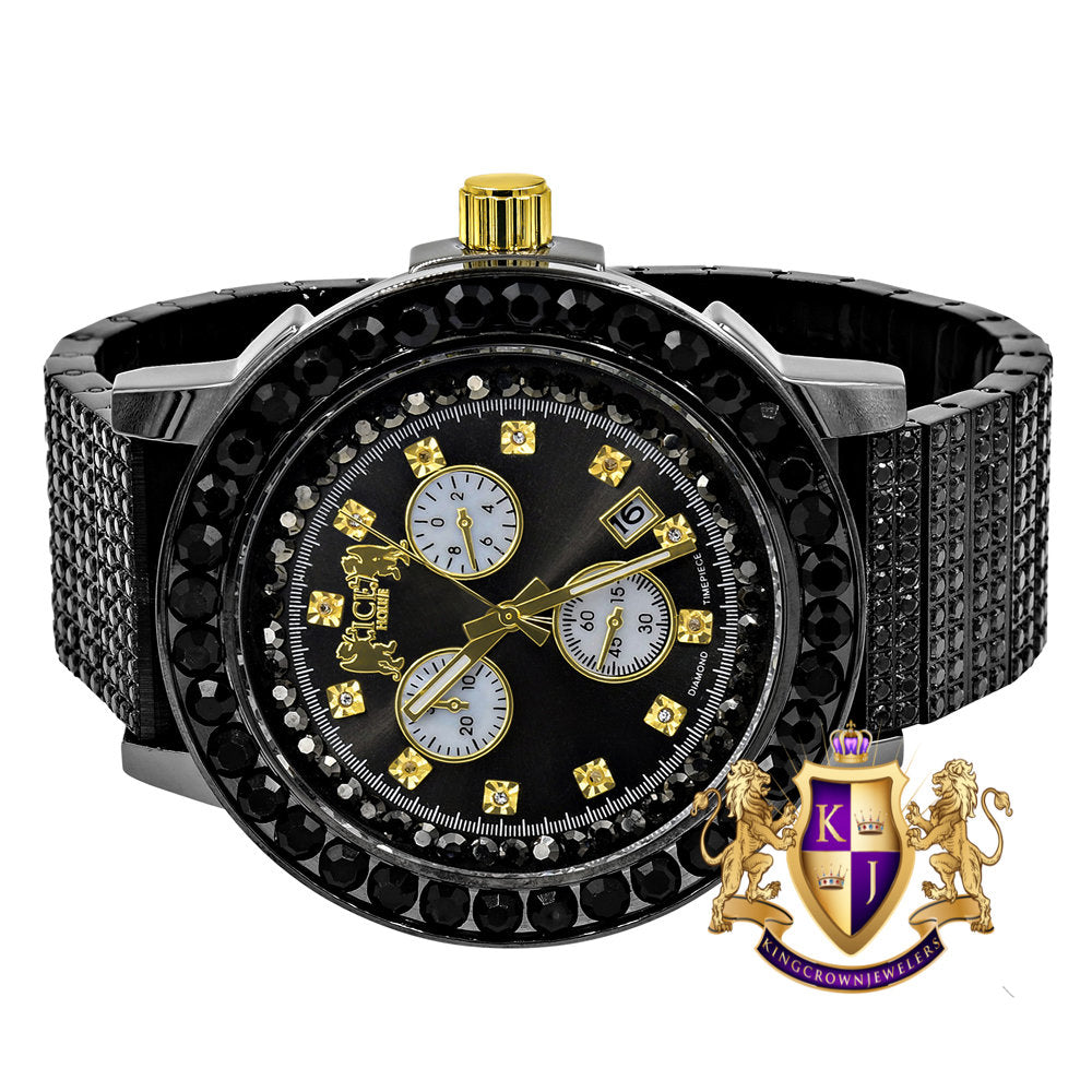 Full Solid Stainless Steel Lemonade 18K Black Gold Finish Simulated Diamond 5 ATM Water Resistant Men's Watch With Date Function Big 54 MM