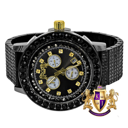 Full Solid Stainless Steel Lemonade 18K Black Gold Finish Simulated Diamond 5 ATM Water Resistant Men's Watch With Date Function Big 54 MM