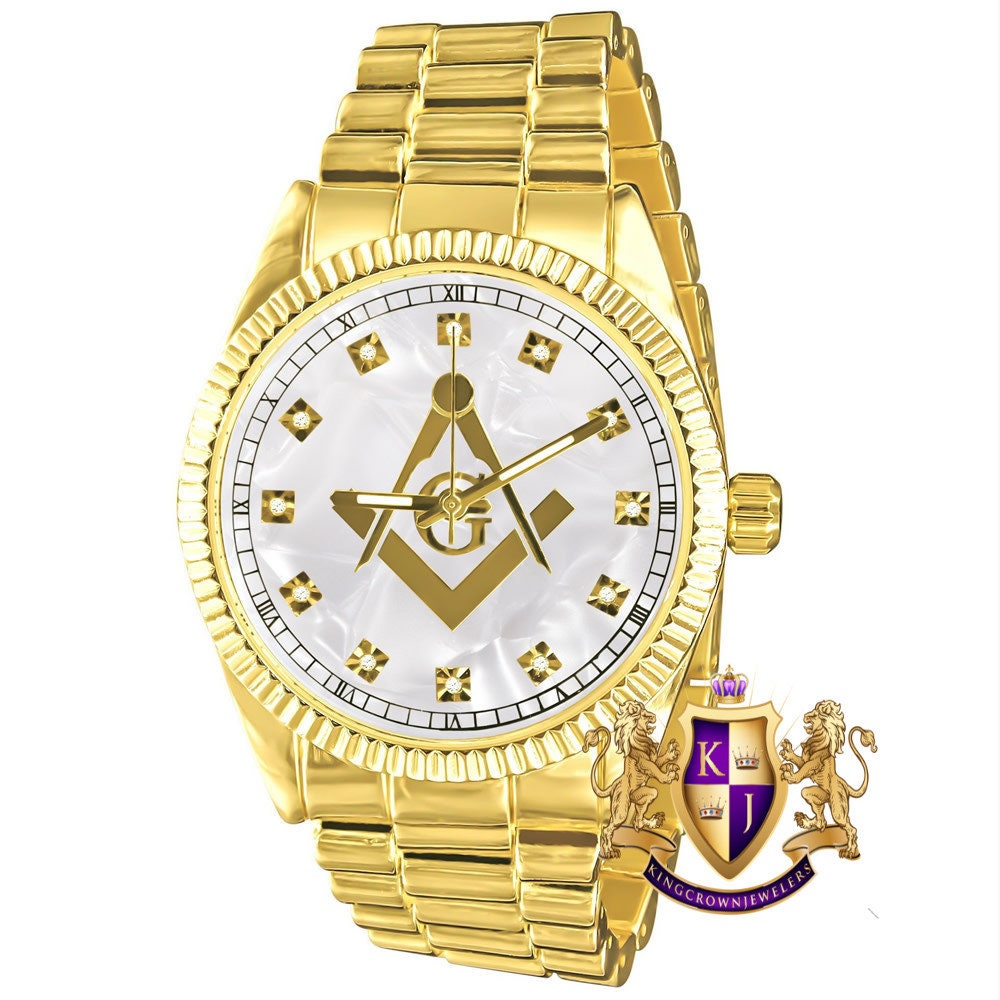 Men's Gold Finish White Dial Freemason Masonic G Compass Lab Diamond Steel Back Metal Band Watch Water Resistant 40mm