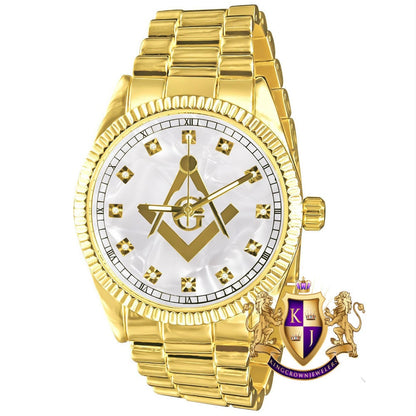 Men's Gold Finish White Dial Freemason Masonic G Compass Lab Diamond Steel Back Metal Band Watch Water Resistant 40mm
