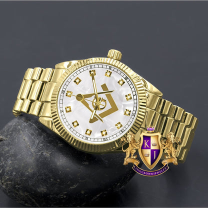 Men's Gold Finish White Dial Freemason Masonic G Compass Lab Diamond Steel Back Metal Band Watch Water Resistant 40mm
