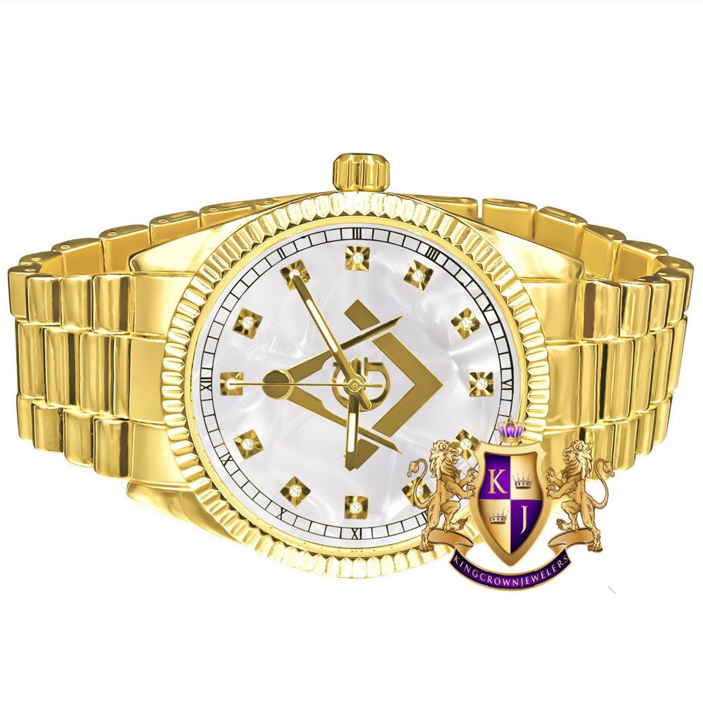 Men's Gold Finish White Dial Freemason Masonic G Compass Lab Diamond Steel Back Metal Band Watch Water Resistant 40mm