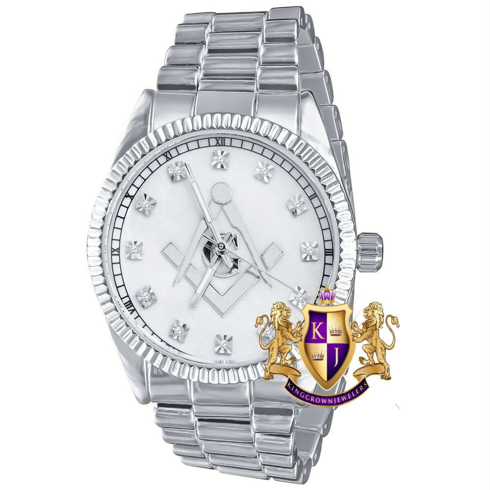 Men's Silver Tone White Dial Freemason Masonic G Compass Lab Diamond Steel Back Metal Band Watch Water Resistant 40mm
