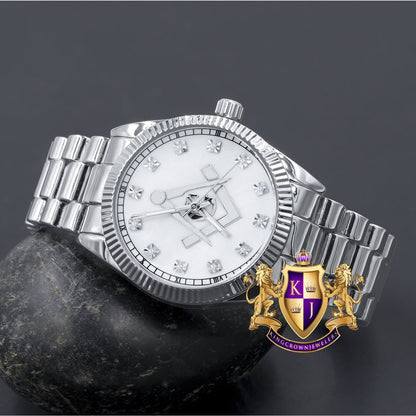 Men's Silver Tone White Dial Freemason Masonic G Compass Lab Diamond Steel Back Metal Band Watch Water Resistant 40mm