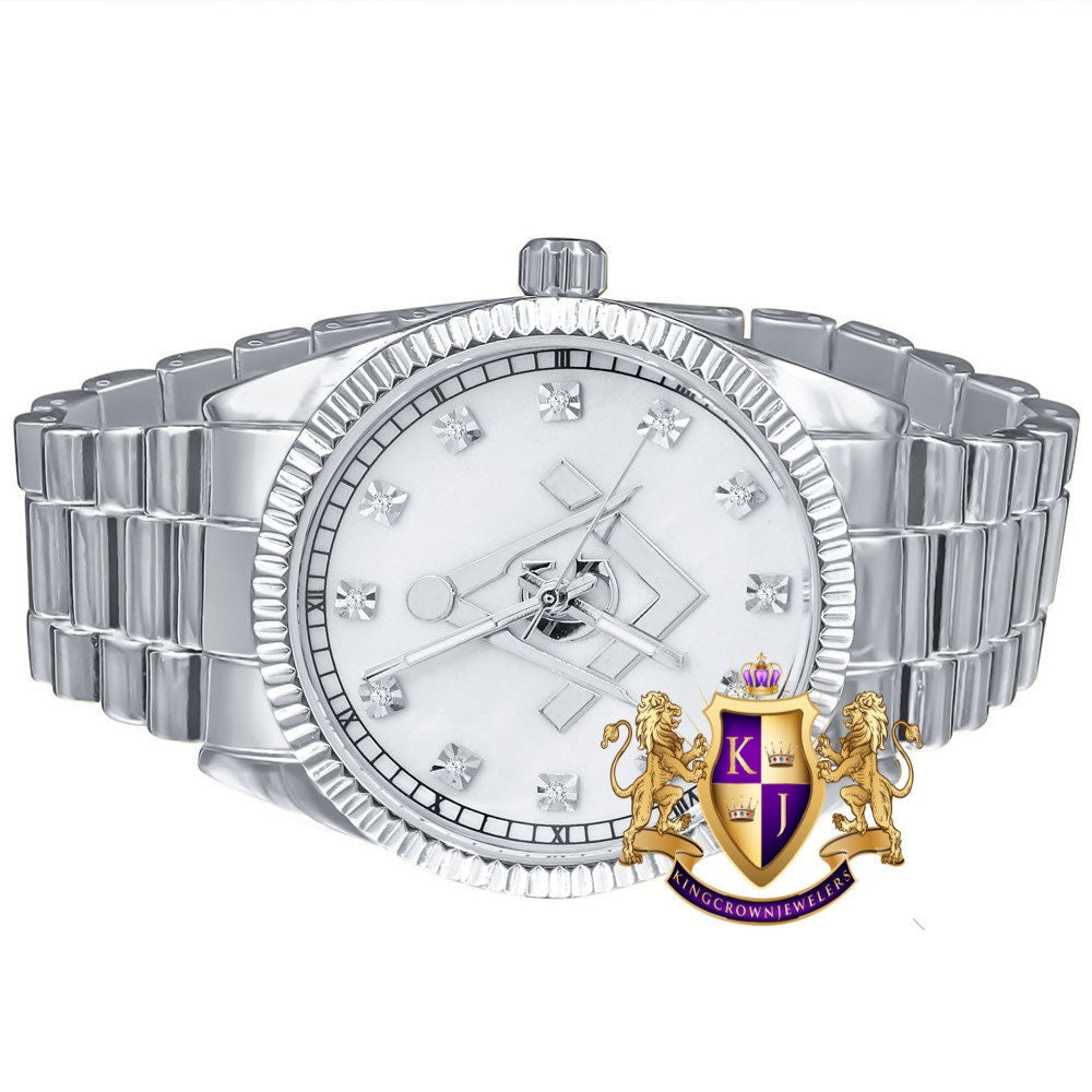 Men's Silver Tone White Dial Freemason Masonic G Compass Lab Diamond Steel Back Metal Band Watch Water Resistant 40mm