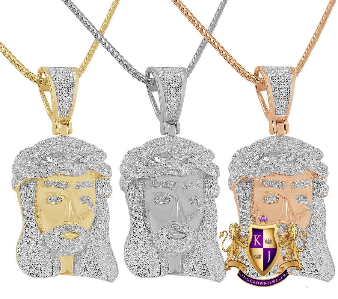 Real Genuine Diamond 0.85 Cwt. Jesus Face Piece Pendant 10K Gold Finish Mini Charm Chain Set Unisex