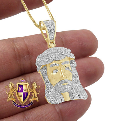 Real Genuine Diamond 0.85 Cwt. Jesus Face Piece Pendant 10K Gold Finish Mini Charm Chain Set Unisex