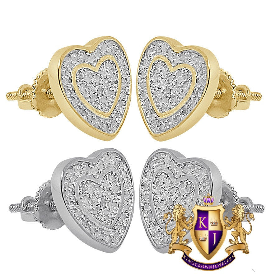 Real Genuine Diamonds 10K Gold Over Love Heart Shape Screw Back Unisex Earrings Stud Small 10 mm