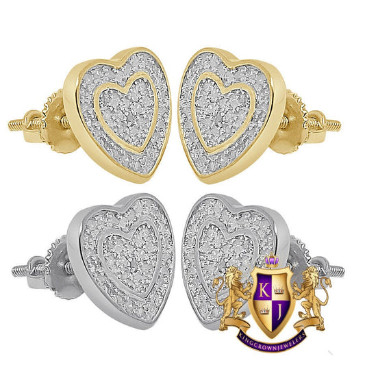 Real Genuine Diamonds 10K Gold Over Love Heart Shape Screw Back Unisex Earrings Stud Small 10 mm