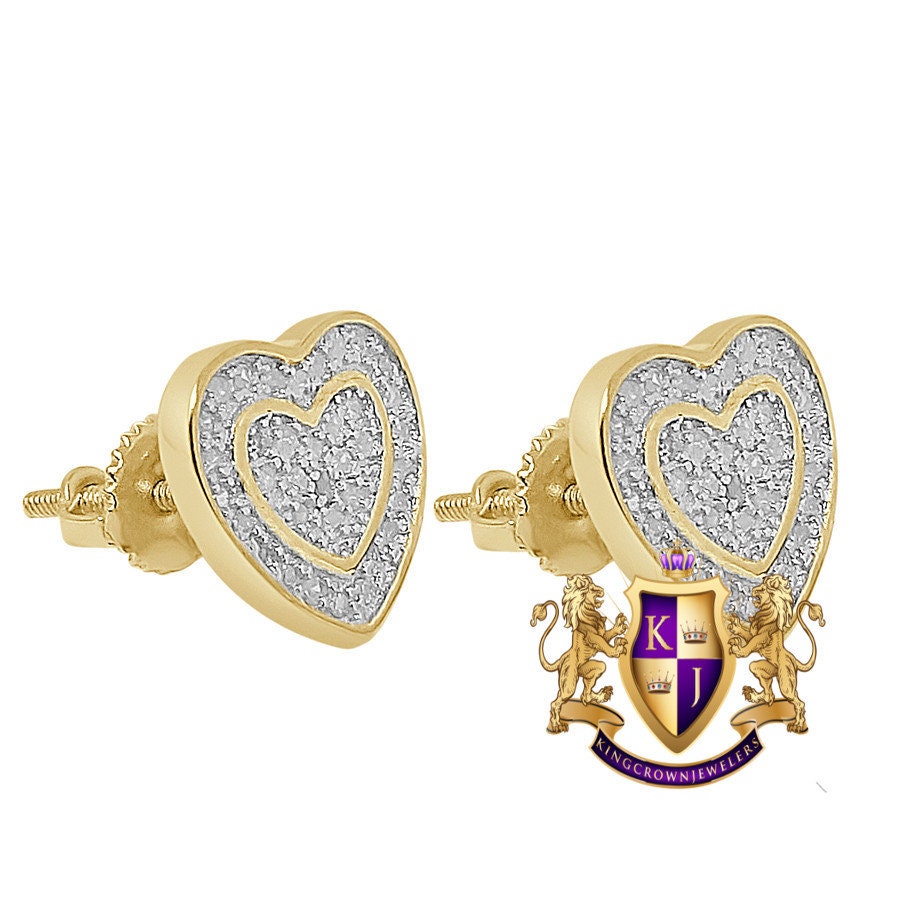 Real Genuine Diamonds 10K Gold Over Love Heart Shape Screw Back Unisex Earrings Stud Small 10 mm