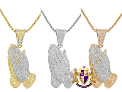 Real Genuine Authentic Diamond 0.50 Cwt. 10K Gold Over Praying Hands Religious Charm Pendent Chain Set
