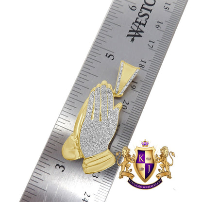 Real Genuine Authentic Diamond 0.50 Cwt. 10K Gold Over Praying Hands Religious Charm Pendent Chain Set