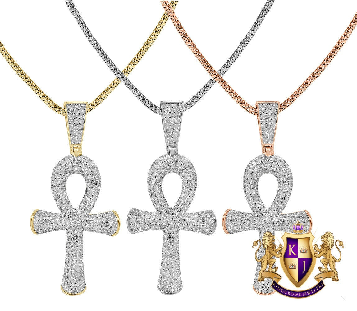 Real Genuine Diamond 1.45 Cwt. Egyptian Ankh Cross Pendant 10K Gold Finish Charm Chain Set Unisex 1.80''