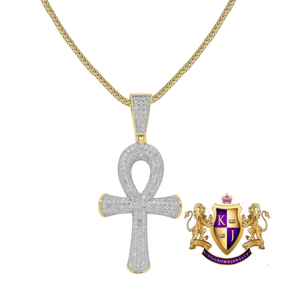 Real Genuine Diamond 1.45 Cwt. Egyptian Ankh Cross Pendant 10K Gold Finish Charm Chain Set Unisex 1.80''