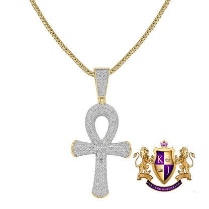 Real Genuine Diamond 1.45 Cwt. Egyptian Ankh Cross Pendant 10K Gold Finish Charm Chain Set Unisex 1.80''