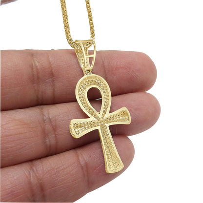 Real Genuine Diamond 1.45 Cwt. Egyptian Ankh Cross Pendant 10K Gold Finish Charm Chain Set Unisex 1.80''