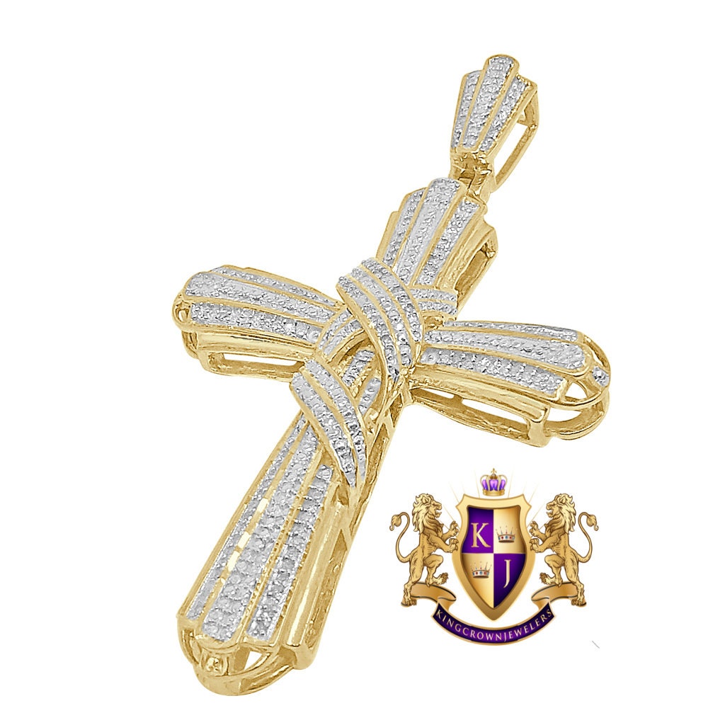 Real Genuine Authentic Diamond 0.40 Cwt. 12+ Grams Jesus Crist Holy Cross Religious Charm 10K Solid Gold Over Unisex Designer Pendant 2.5''
