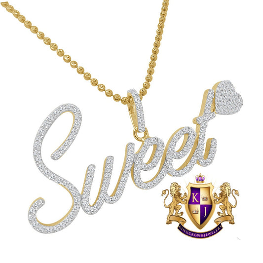 Real Yellow Gold Sterling Silver Simulated Diamond "SWEET HEART" Custom Pendent Love Charm Chain Set