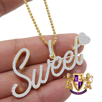 Real Yellow Gold Sterling Silver Simulated Diamond "SWEET HEART" Custom Pendent Love Charm Chain Set