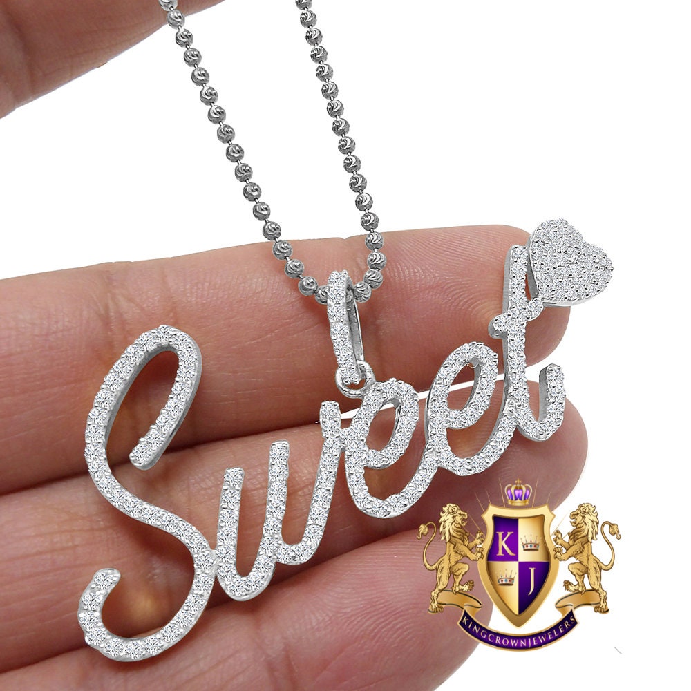 14K White Gold On Genuine Sterling Silver Simulated Diamond "SWEET HEART" Custom Pendent Love Charm Chain Set