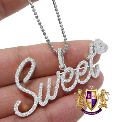 14K White Gold On Genuine Sterling Silver Simulated Diamond "SWEET HEART" Custom Pendent Love Charm Chain Set