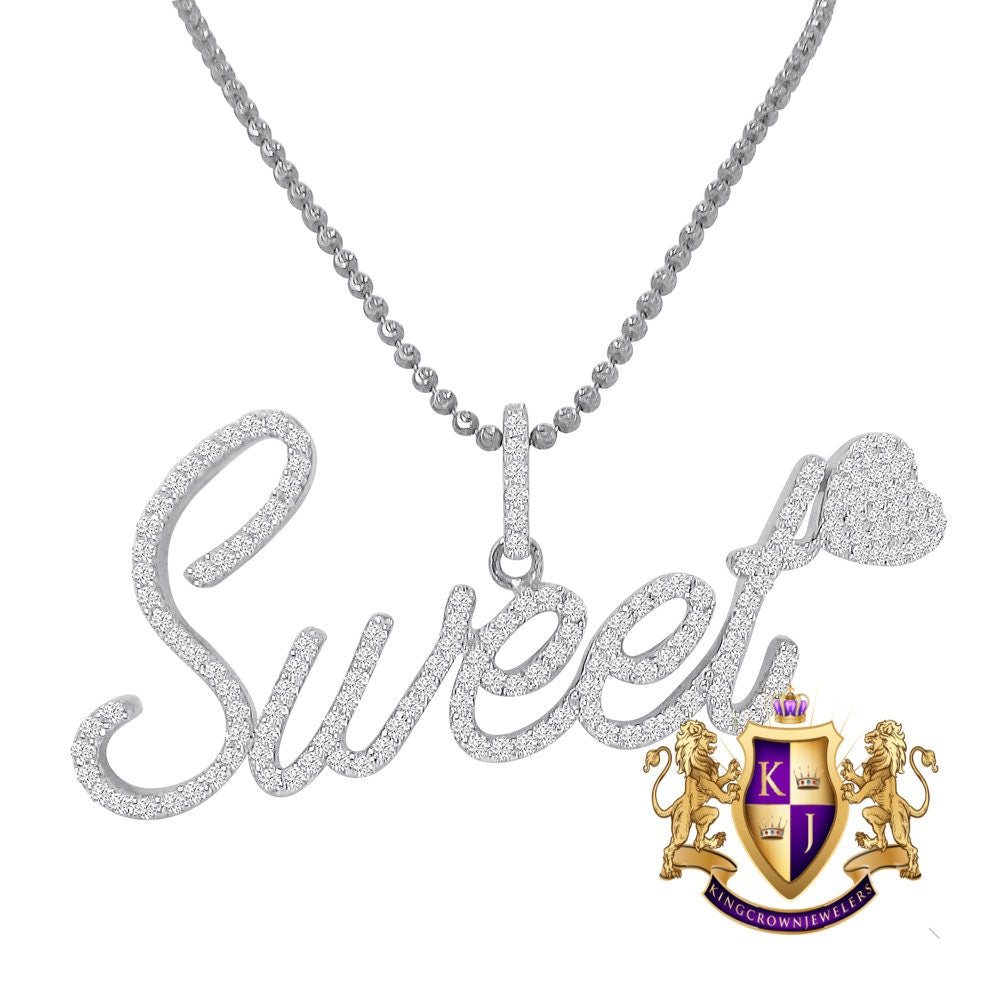 14K White Gold On Genuine Sterling Silver Simulated Diamond "SWEET HEART" Custom Pendent Love Charm Chain Set