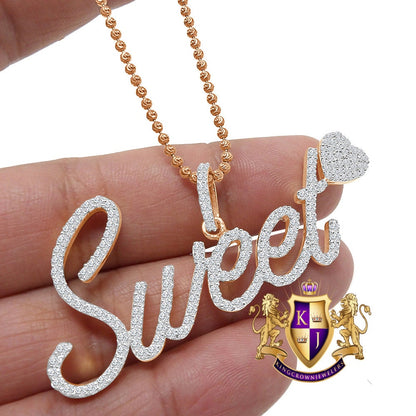 14K Rose Gold On Genuine Sterling Silver Simulated Diamond "SWEET HEART" Custom Pendent Love Charm Chain Set