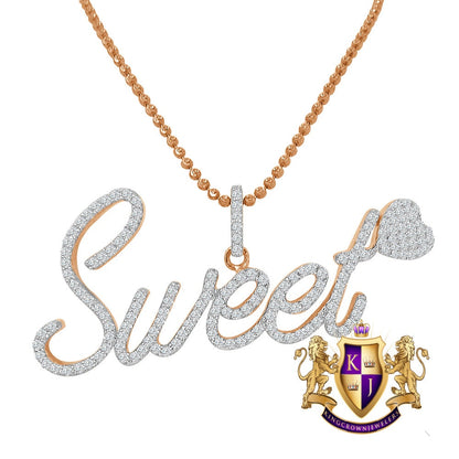 14K Rose Gold On Genuine Sterling Silver Simulated Diamond "SWEET HEART" Custom Pendent Love Charm Chain Set