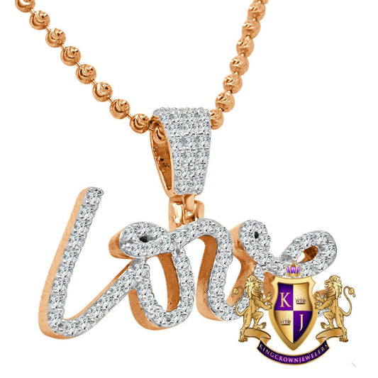 14K Rose Gold Over Real Sterling Silver Simulated Diamond "love" Script Pendent Charm Chain Set