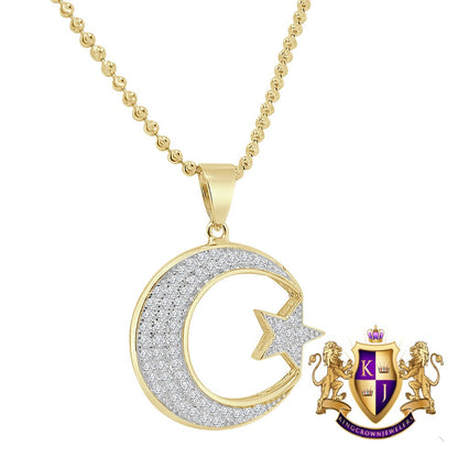 Mini 1.25 ''Real Genuine Sterling Silver Allah Muslim Islamic Crescent Moon and Star Charm Simulated Diamond Pendant Chain Set