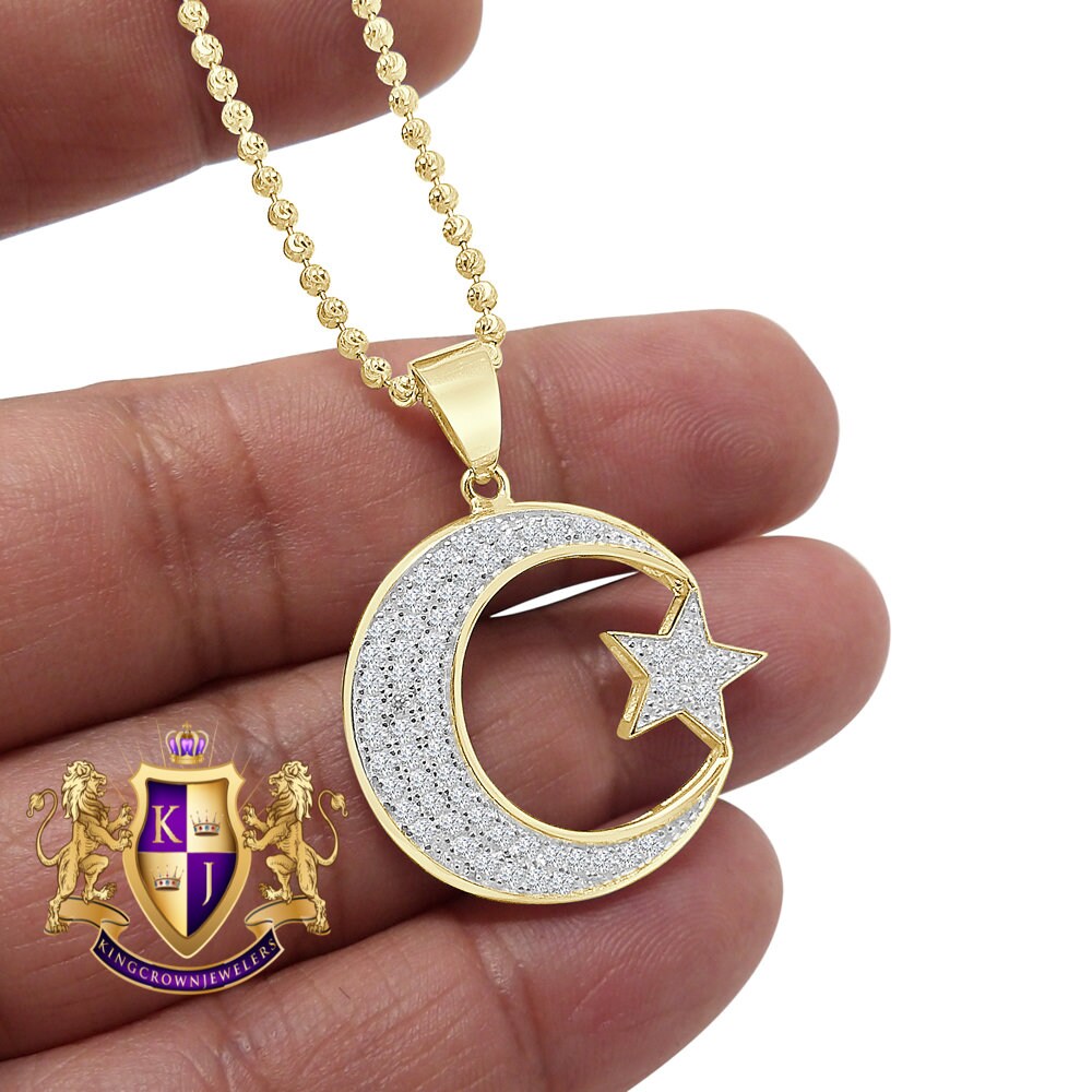Mini 1.25 ''Real Genuine Sterling Silver Allah Muslim Islamic Crescent Moon and Star Charm Simulated Diamond Pendant Chain Set