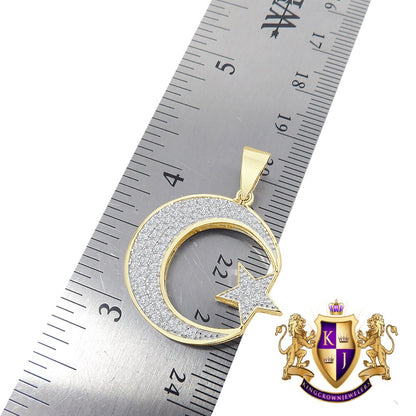 Mini 1.25 ''Real Genuine Sterling Silver Allah Muslim Islamic Crescent Moon and Star Charm Simulated Diamond Pendant Chain Set