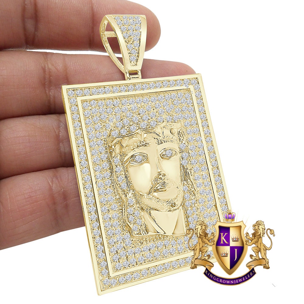 Big XL 3.10'' Frame Style Jesus Face Piece 14K White Gold Over Simulated Diamond Men's Charm Pendent 43 + Grams