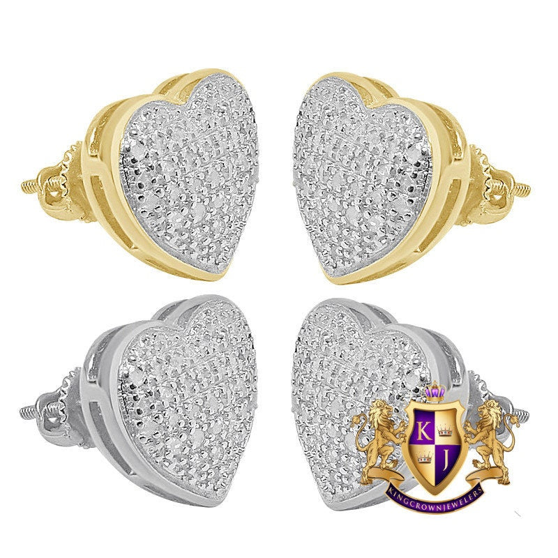 Unisex Real Genuine Diamonds 10K Gold Over Love Heart Shape Screw Back Earrings Stud Small 12 mm