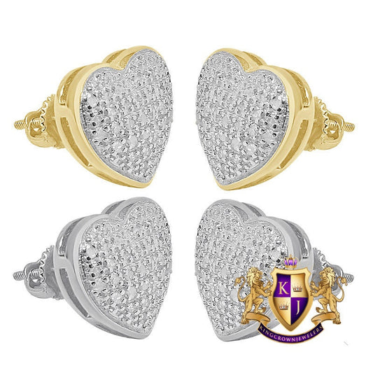Unisex Real Genuine Diamonds 10K Gold Over Love Heart Shape Screw Back Earrings Stud Small 12 mm