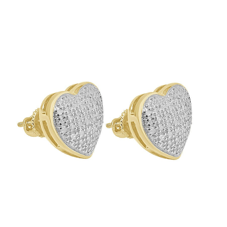 Unisex Real Genuine Diamonds 10K Gold Over Love Heart Shape Screw Back Earrings Stud Small 12 mm