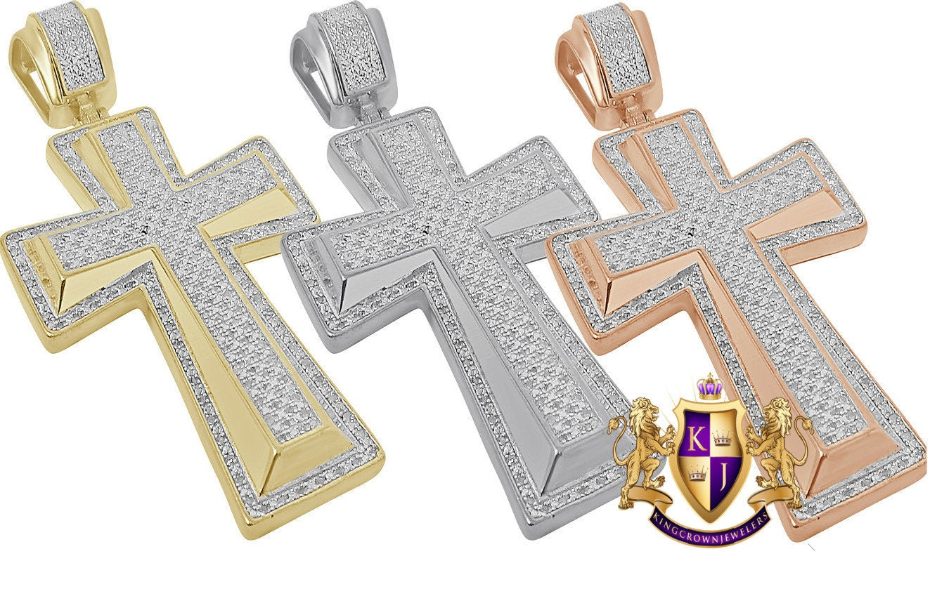 Men's Real Genuine Diamond 0.85 Cwt. Jesus Cross Piece Pave 10K Gold Over Designer Religious Pendant Charm 2''