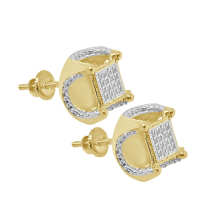 Men's Ladies Real Genuine Diamond 10K Gold Finish Mini 7 mm Square Shape Screw Back Stud Earrings