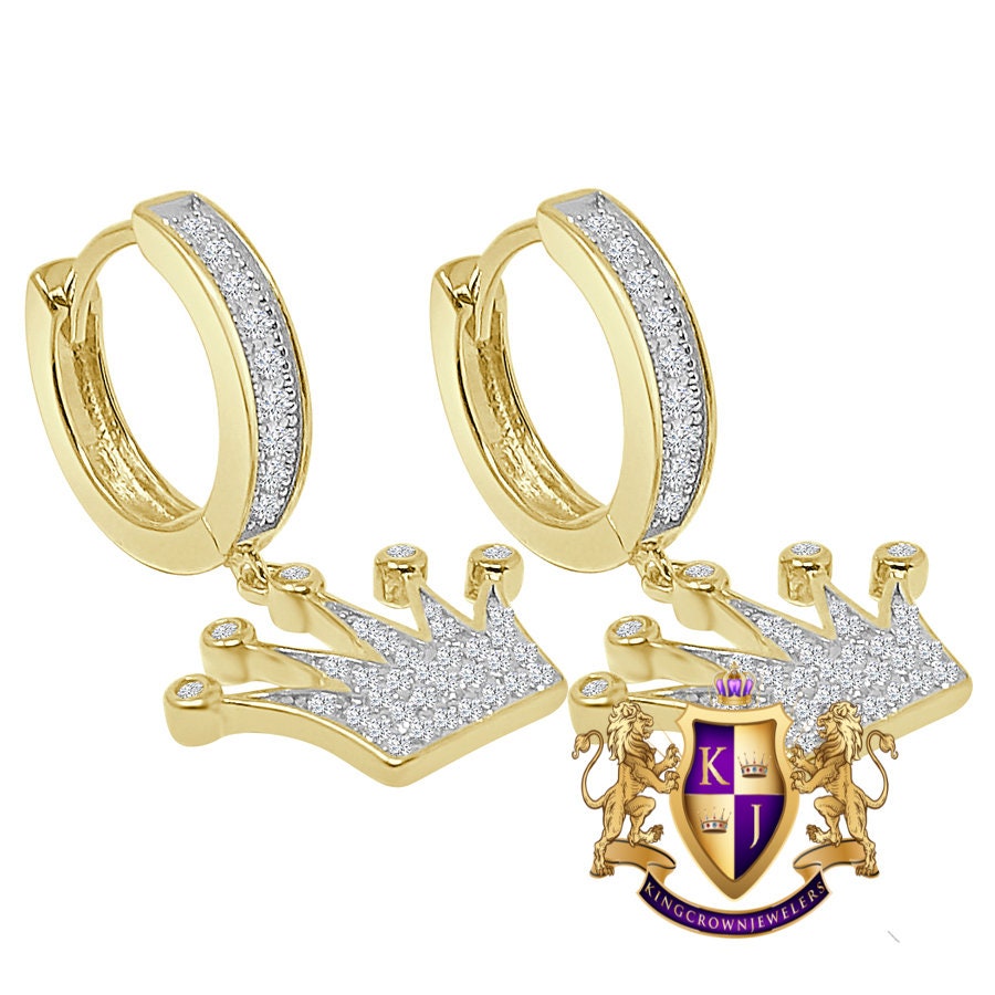 Pure Italian Sterling Silver 14K Gold Over Simulated Diamond Kings Crown Hoop Stud Earrings Unisex