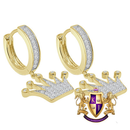 Pure Italian Sterling Silver 14K Gold Over Simulated Diamond Kings Crown Hoop Stud Earrings Unisex