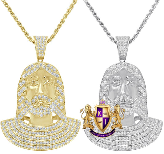 14K Gold On Real Sterling Silver Simulated Diamond Jesus Face Piece Pendent Charm 2'' + Free Chain