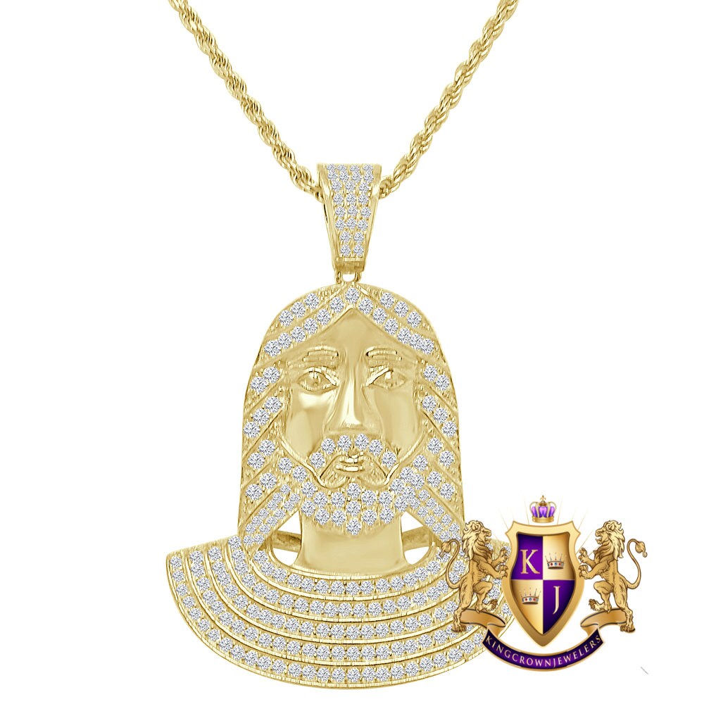 14K Gold On Real Sterling Silver Simulated Diamond Jesus Face Piece Pendent Charm 2'' + Free Chain