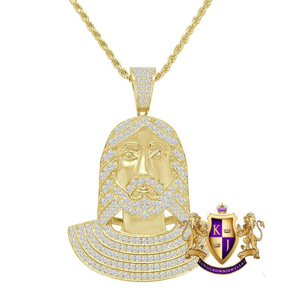 14K Gold On Real Sterling Silver Simulated Diamond Jesus Face Piece Pendent Charm 2'' + Free Chain