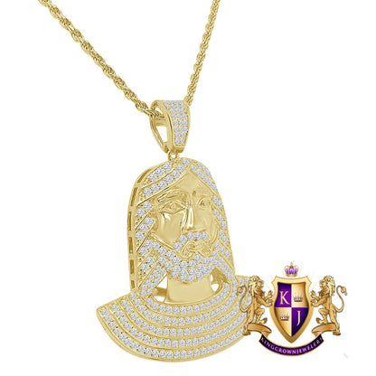 14K Gold On Real Sterling Silver Simulated Diamond Jesus Face Piece Pendent Charm 2'' + Free Chain